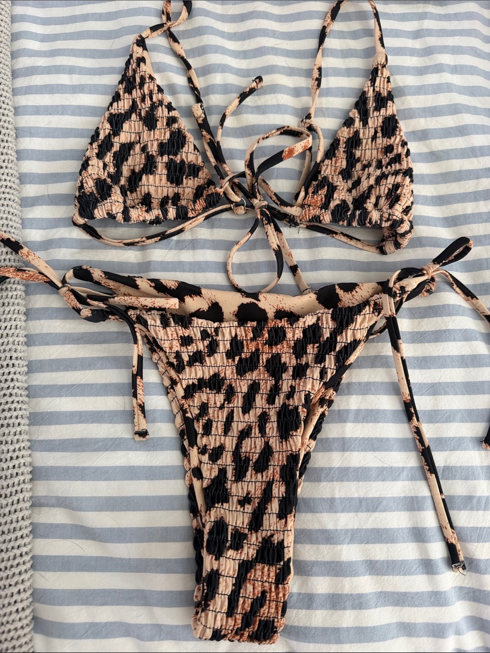 Leopard Print Tie-Side Smocked Bikini Set